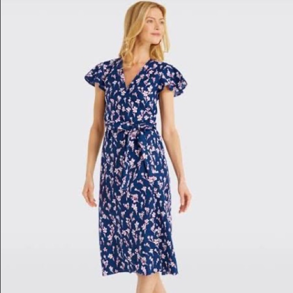 Draper James Linen Nassau Navy Wrap Dress